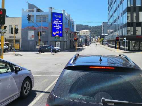 Briscoes Wellington has a sale on billboard Vivian Street wellington taranaki Street